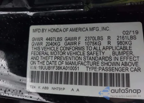 2019 Acura Tlx Standard from USA, damaged, VIN 19UUB1F38KA010051